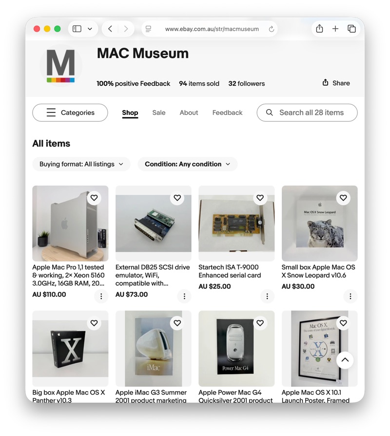 MAC Museum’s eBay store showing vintage Apple computers, parts, software, and collectables